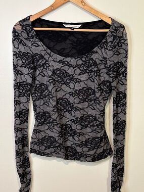 Diane Von Furstenberg 6 Gray & Black Long Sleeve Textured Scoopneck Top Blouse